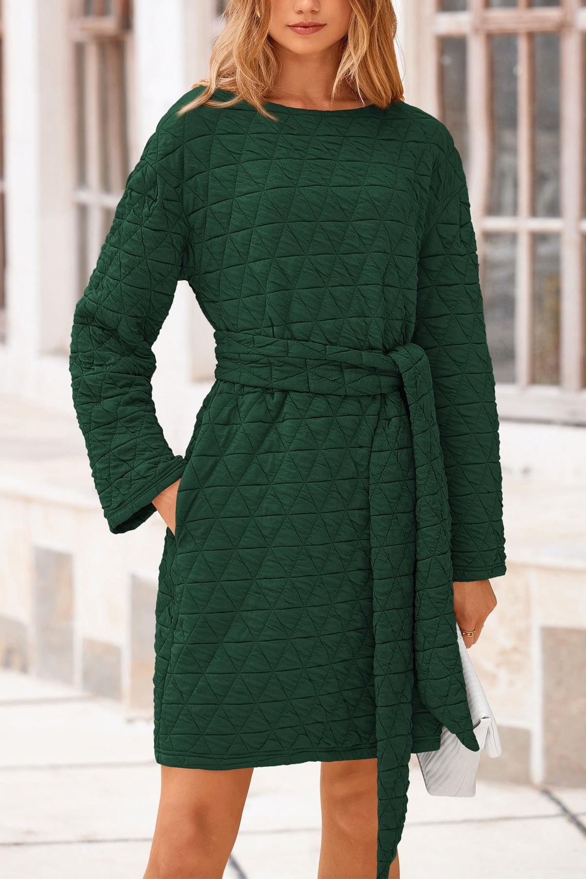 Women's Long Sleeve Dresses   Fall Casual Short Belted Dress Trendy Quilted Outfits with Pockets