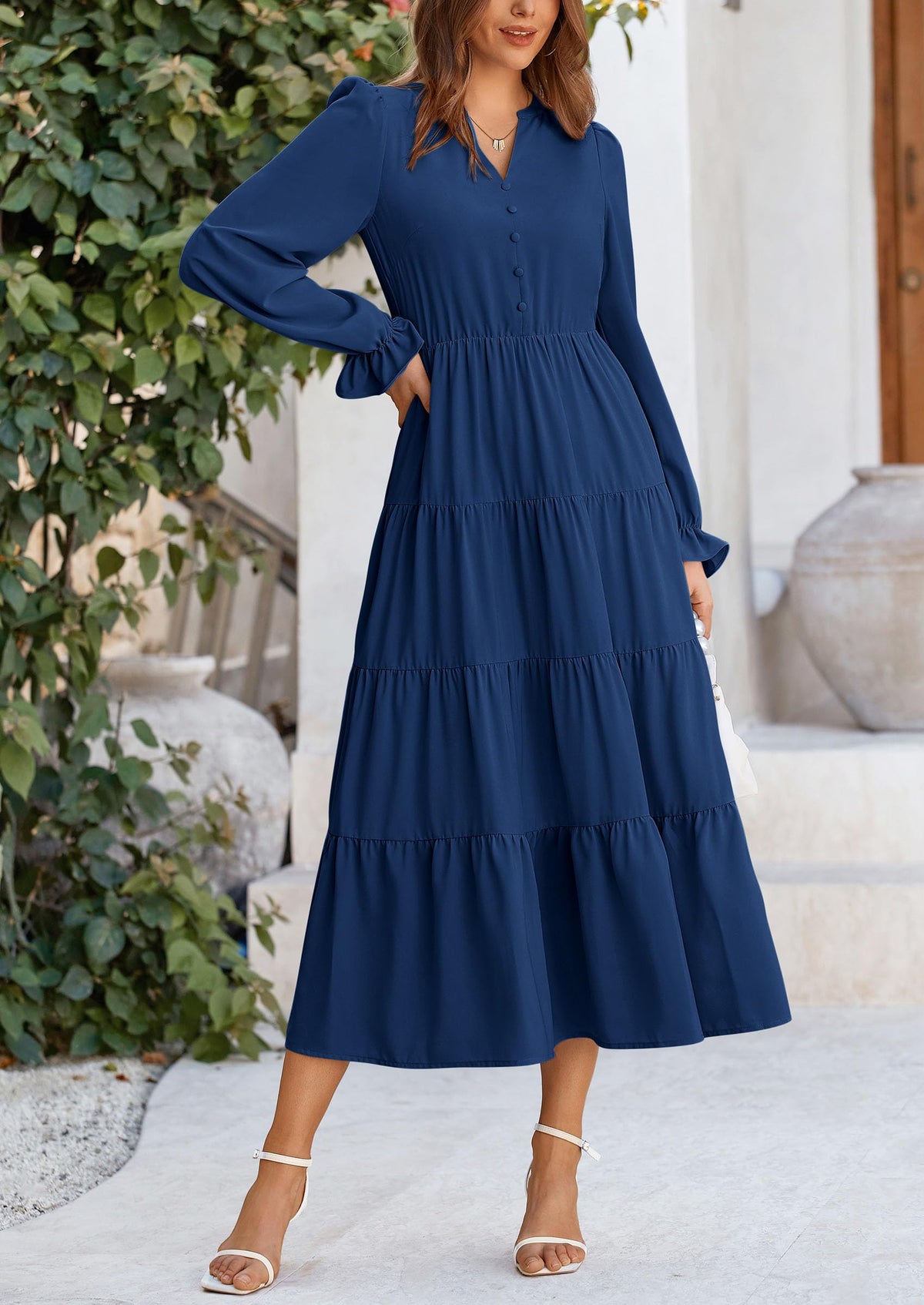 Women's Fall Maxi Dress Long Sleeve V Neck Tiered Ruffle Flowy A Line Cocktail Party Dresses