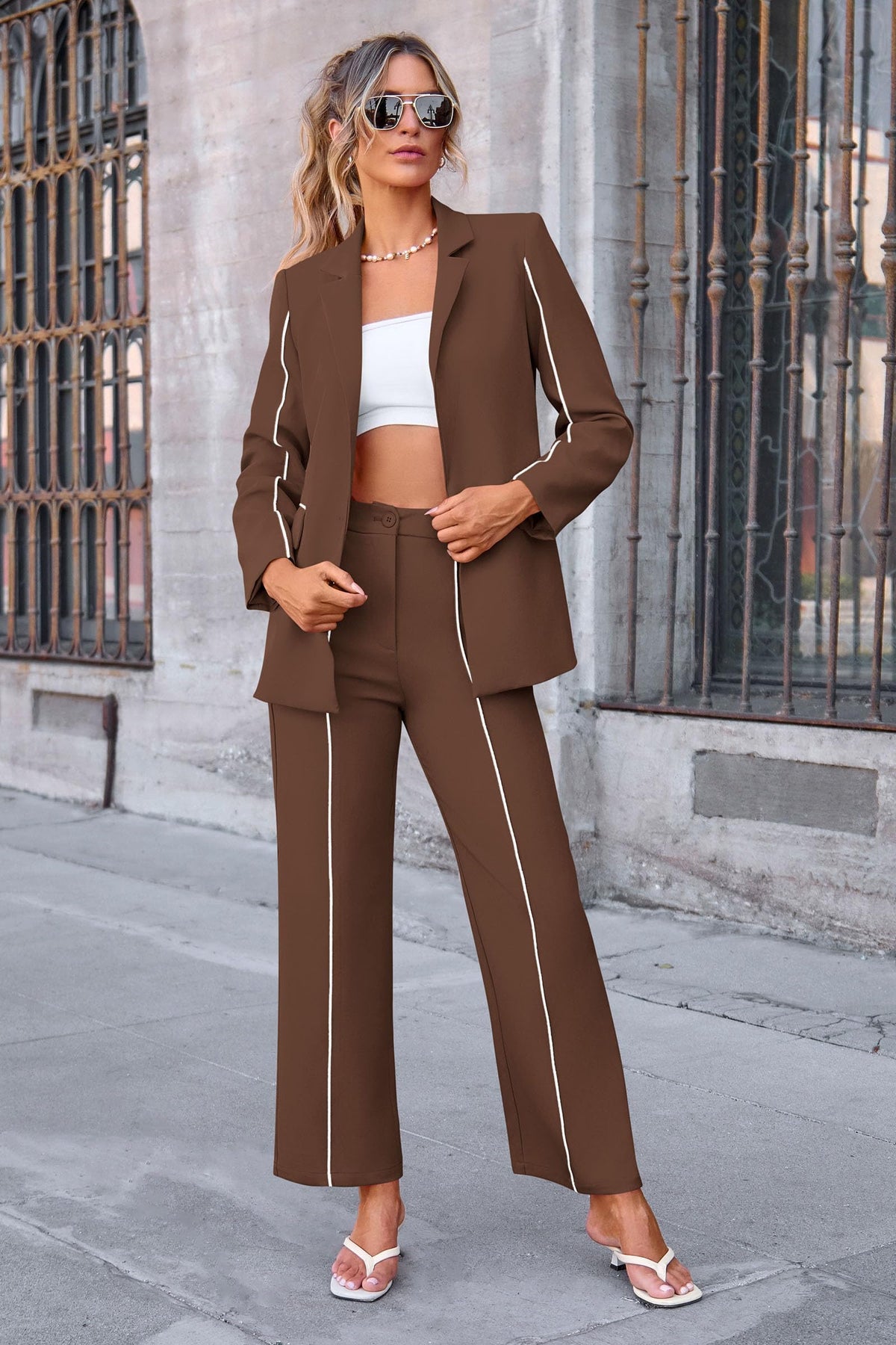 Women's Fall 2 Piece Blazer Outfits Business Casual Oversized Jacket Wide Leg Work Pants Dressy Suit Set