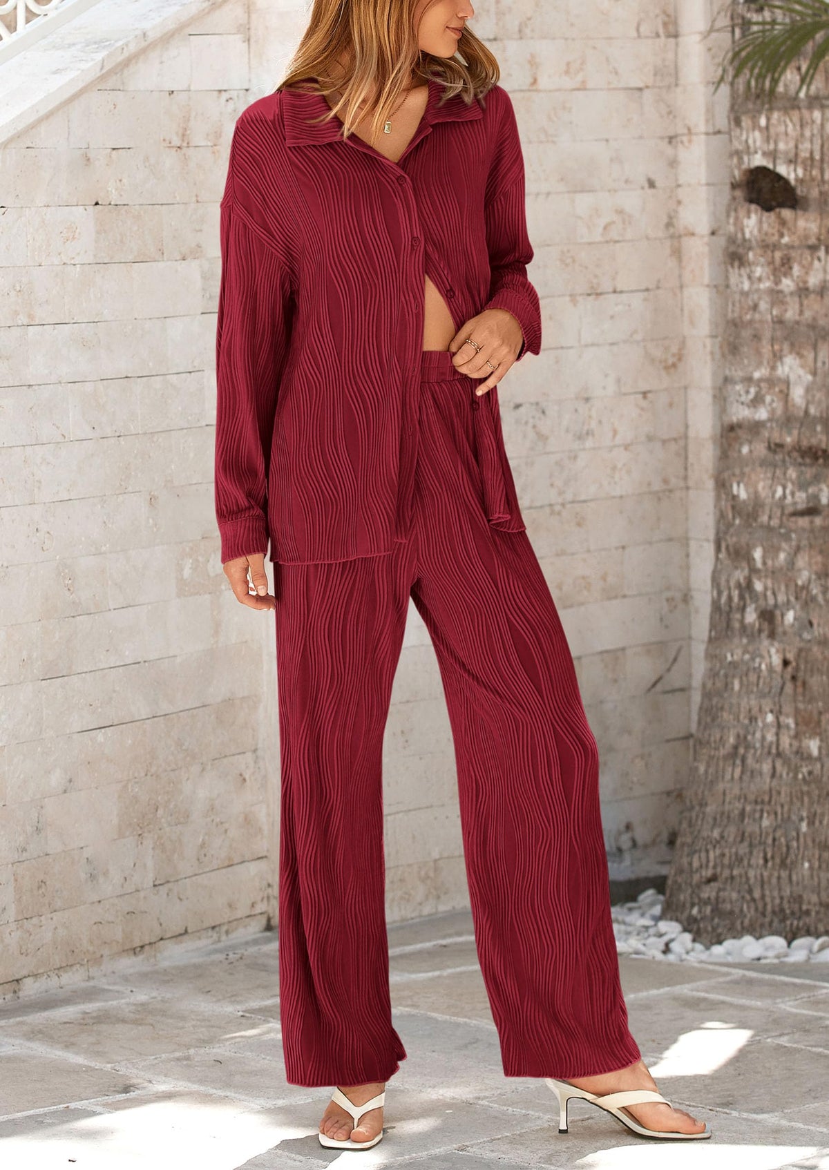 Women's Fall 2 Piece Textured Sets Casual Button Down Shirt Wide Leg Pants Outfit Loungewear Tracksuit