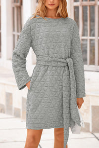 Women's Long Sleeve Dresses   Fall Casual Short Belted Dress Trendy Quilted Outfits with Pockets