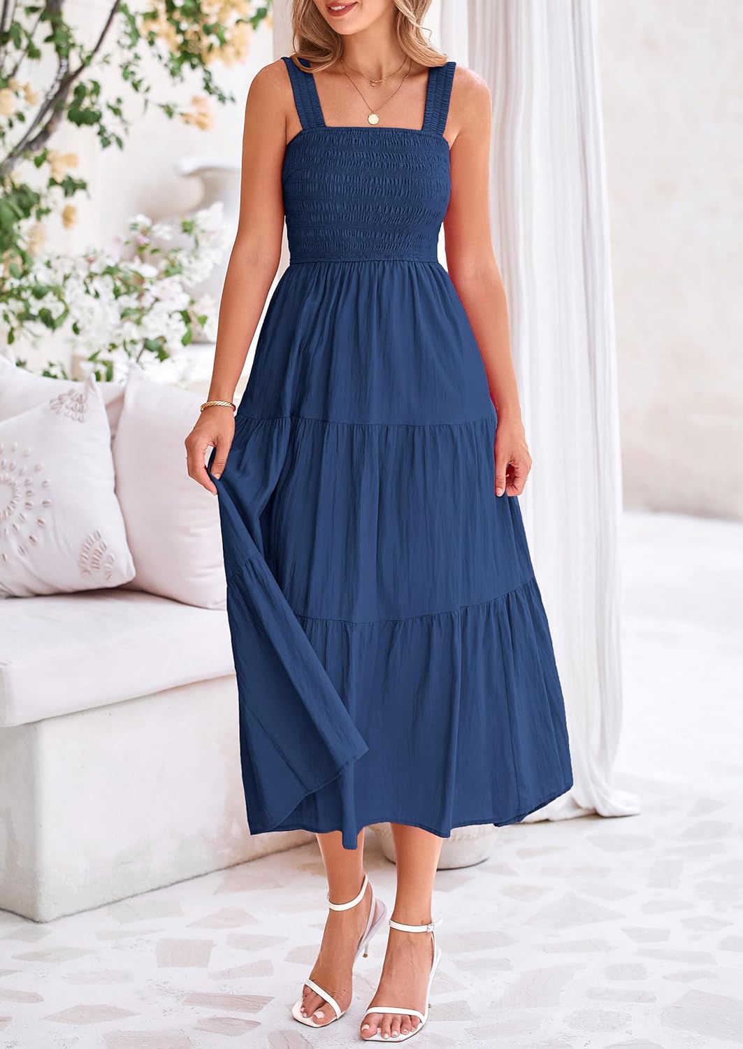 Womens Smocked Summer  Ruffle A Line Long Flowy Dresses Cute Sleeveless Beach Sundress Midi Dress