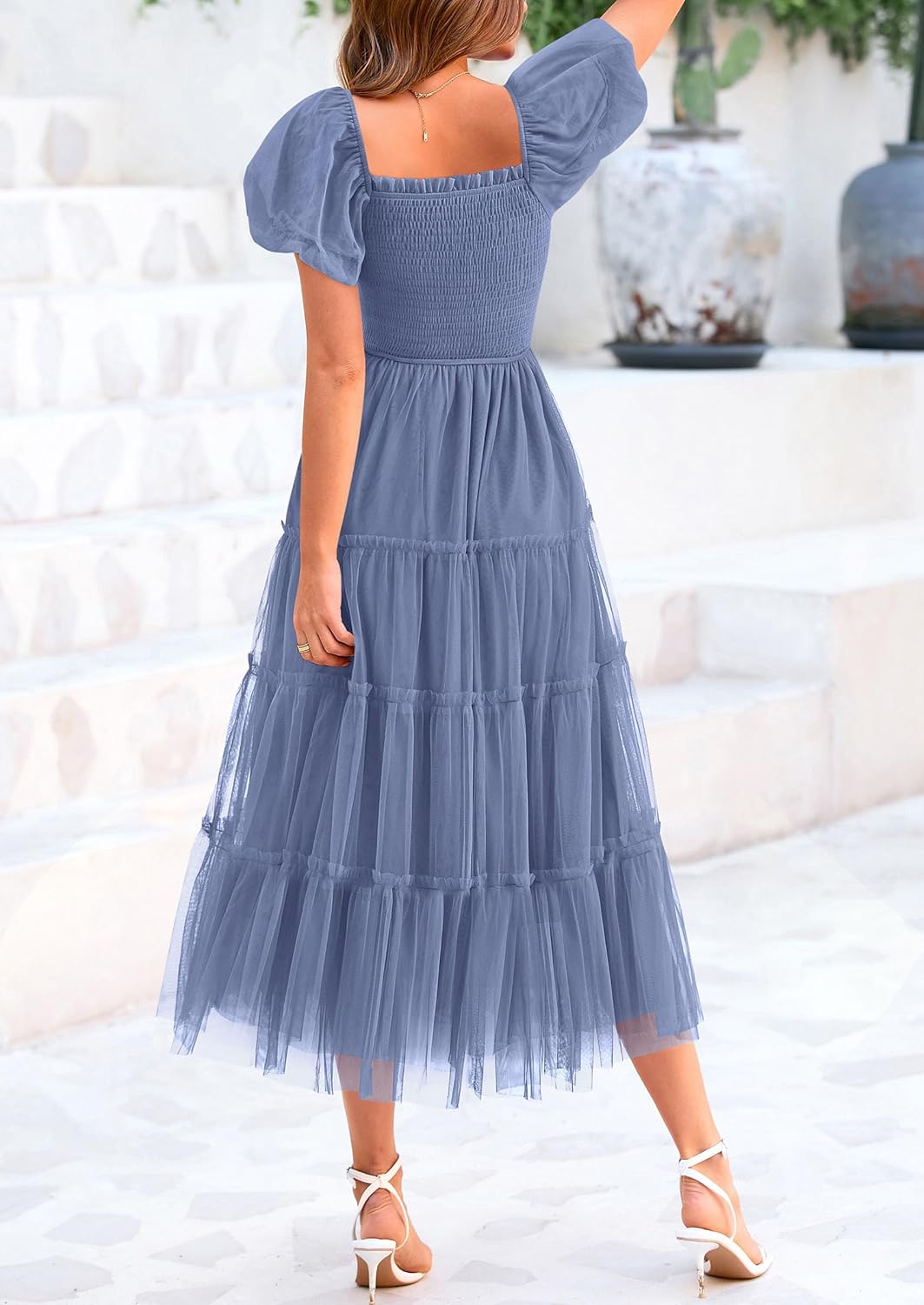 Women's Smocked Midi Tulle Dress 2025 Summer Puffy Short Sleeve Square Neck Ruffle Wedding Guest Party Dresses