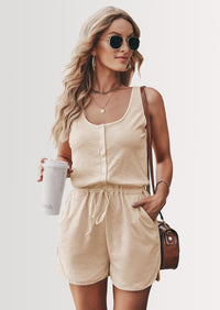PRETTYGARDEN Casual Shorts Jumpsuit Plain Scoop Neck Button Down Sleeveless Tank Top Rompers