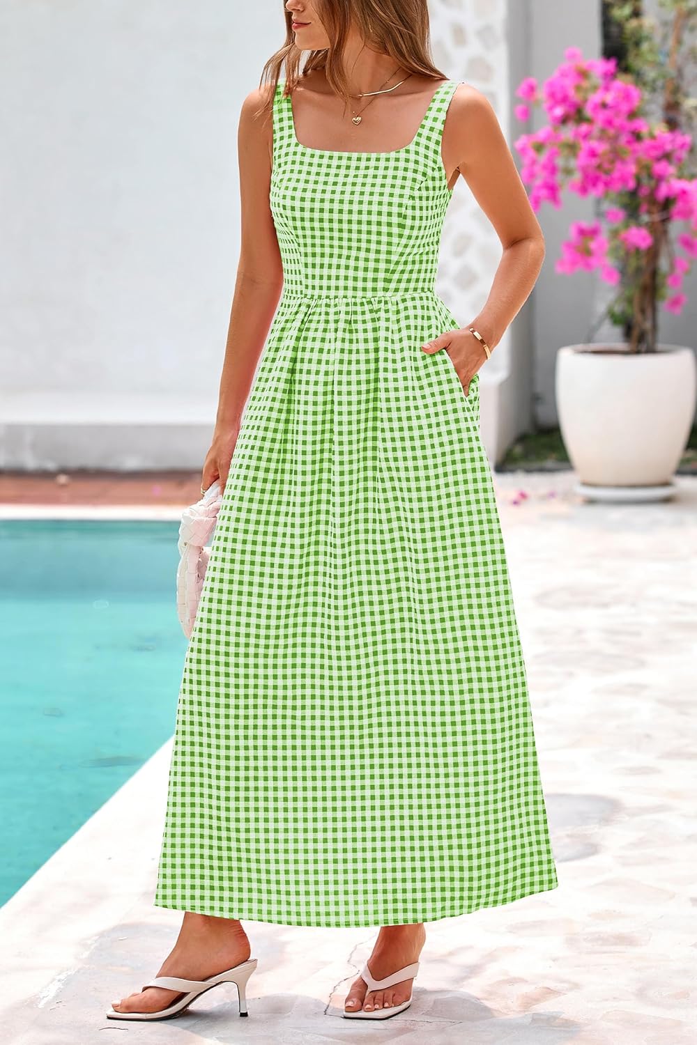 Women's Summer Spaghetti Strap Maxi Dresses Plaid Square Neck A Line Smocked Casual Vacation Long Sundress