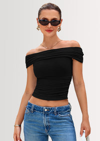 PRETTYGARDEN Summer Tops for Women Off Shoulder Short Sleeve Ruched Slim Fit Shirts Blouses Y2K Going Out Top
