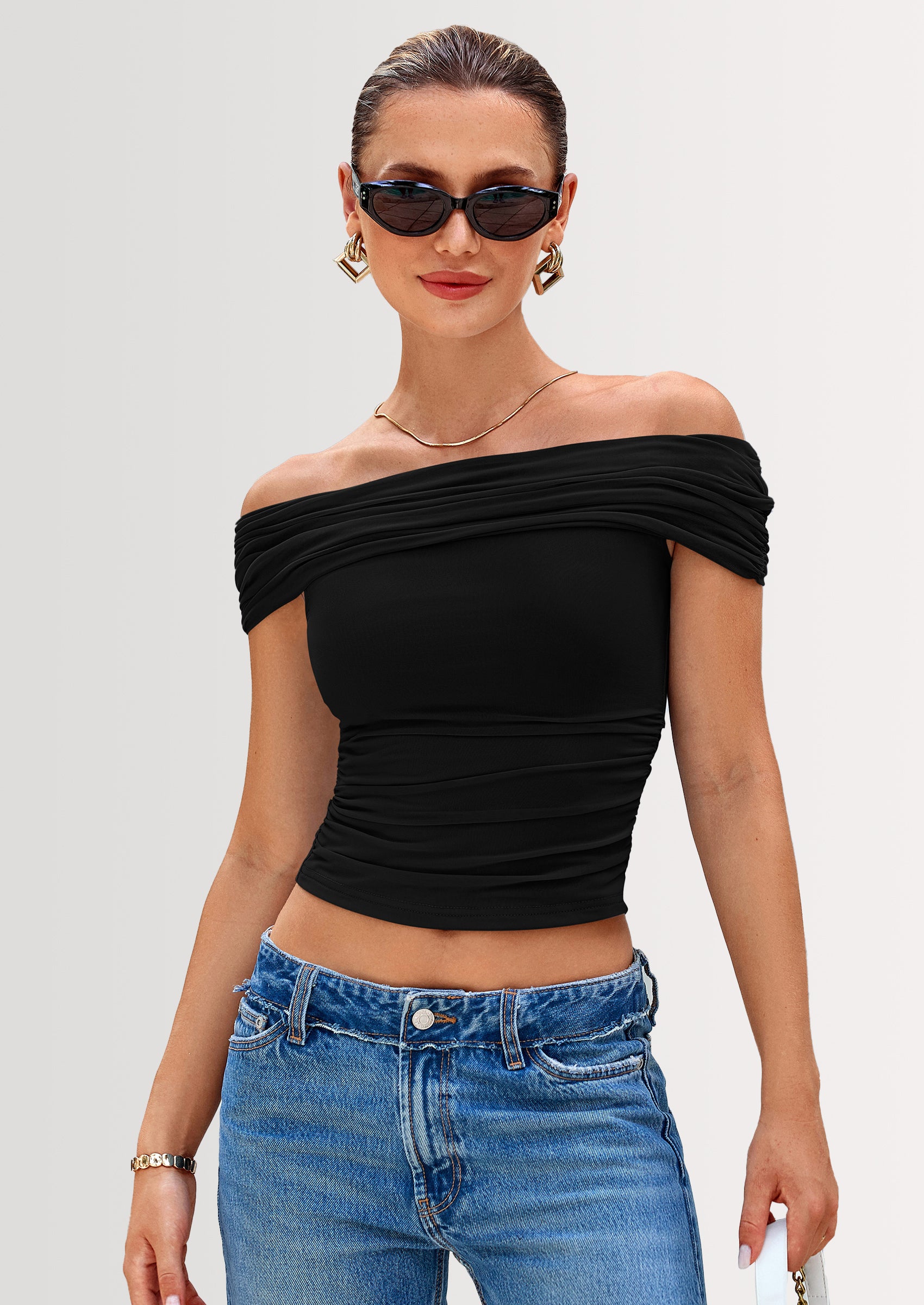 PRETTYGARDEN Summer Tops for Women Off Shoulder Short Sleeve Ruched Slim Fit Shirts Blouses Y2K Going Out Top