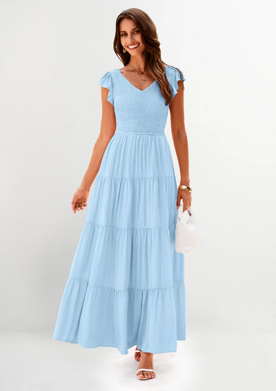 PRETTYGARDEN Women's Flowy Maxi Dress Casual Cap Sleeve V Neck Smocked Beach Sundress