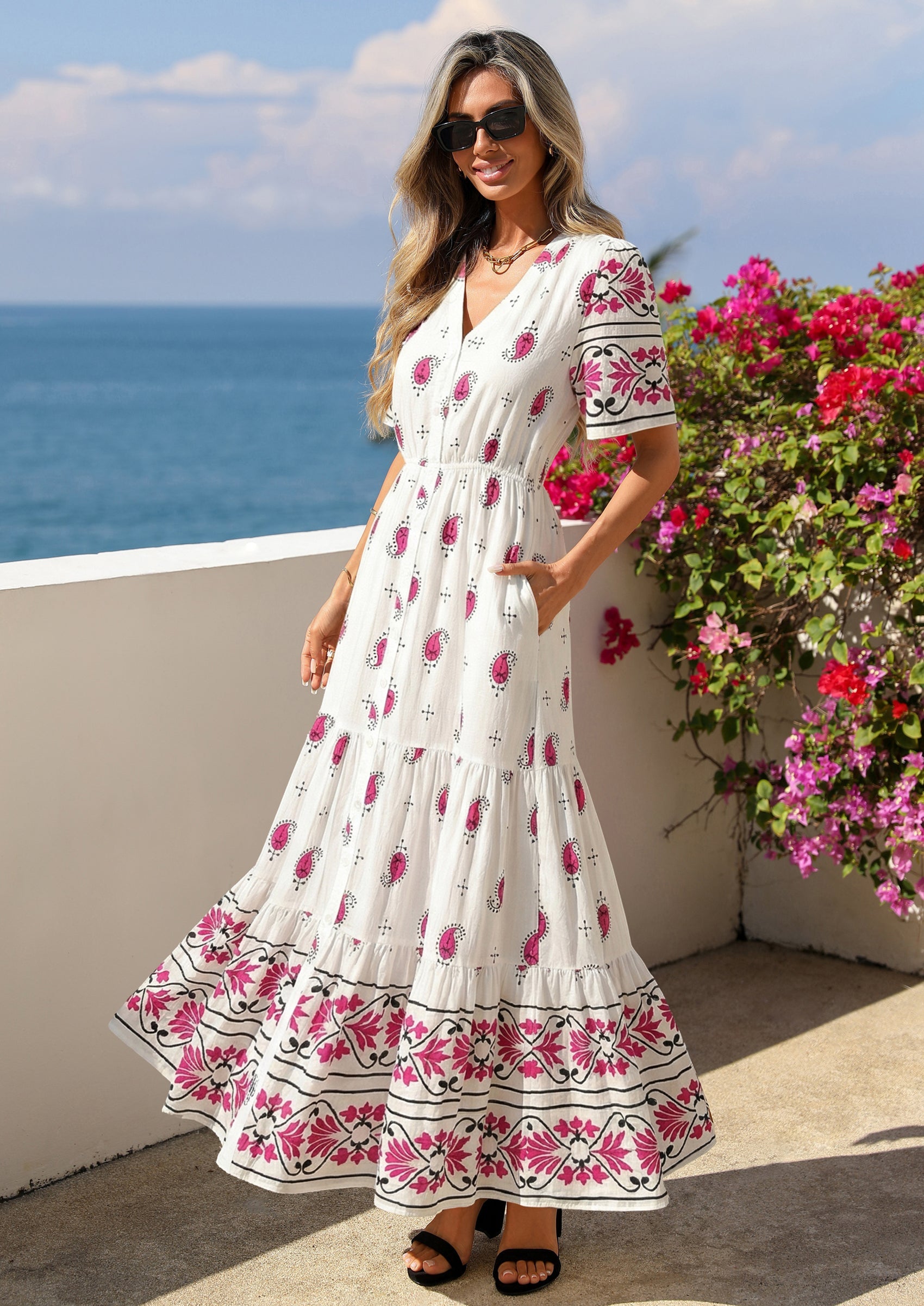 PRETTYGARDEN Womens Summer Boho Maxi Dress Trendy Short Sleeve V Neck Flowy Beach Floral Dresses with Pockets PRETTYGARDEN