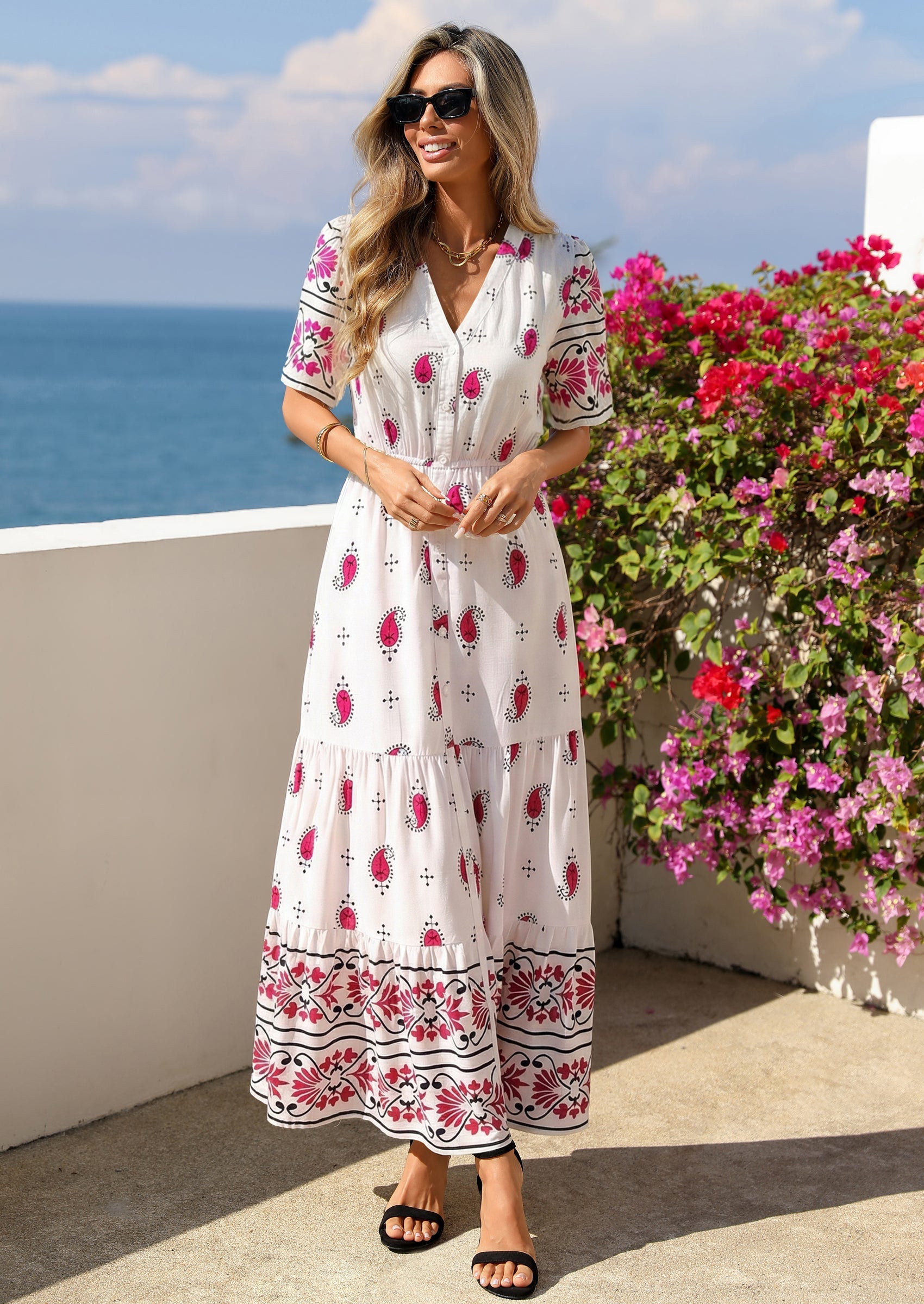 PRETTYGARDEN Womens Summer Boho Maxi Dress Trendy Short Sleeve V Neck PRETTYGARDEN Womens Summer Boho Maxi Dress Trendy Short Sleeve V Neck