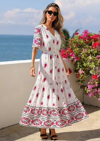 PRETTYGARDEN Womens Summer Boho Maxi Dress Trendy Short Sleeve V Neck Flowy Beach Floral Dresses with Pockets PRETTYGARDEN