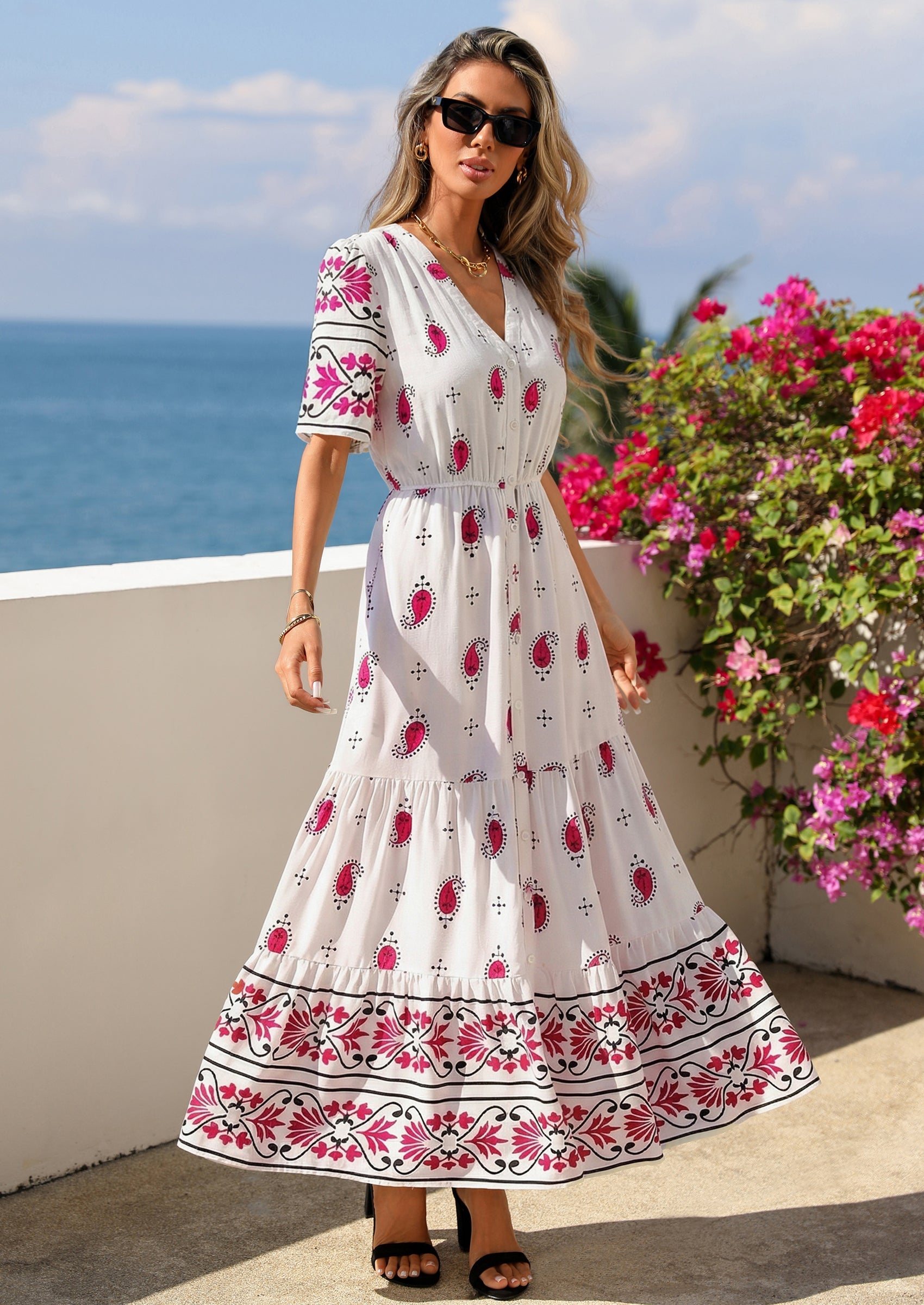 PRETTYGARDEN Womens Summer Boho Maxi Dress Trendy Short Sleeve V Neck Flowy Beach Floral Dresses with Pockets PRETTYGARDEN