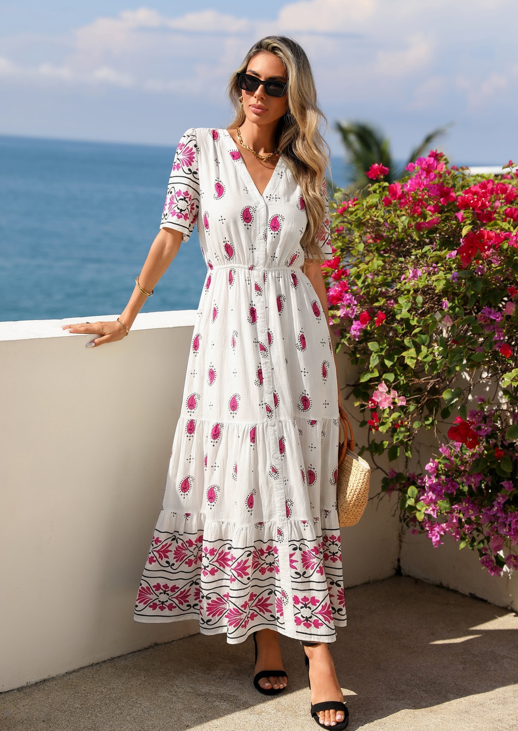 PRETTYGARDEN Womens Summer Boho Maxi Dress Trendy Short Sleeve V Neck Flowy Beach Floral Dresses with Pockets PRETTYGARDEN