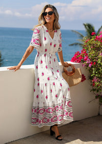 PRETTYGARDEN Womens Summer Boho Maxi Dress Trendy Short Sleeve V Neck Flowy Beach Floral Dresses with Pockets PRETTYGARDEN