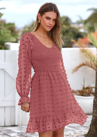 BTFBM Spring Dresses for Women 2026 Long Sleeve Casual V Neck Swiss Dot Smocked Ruffle Chiffon Flowy Mini Summer Dress PRETTYGARDEN