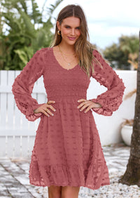 BTFBM Spring Dresses for Women 2026 Long Sleeve Casual V Neck Swiss Dot Smocked Ruffle Chiffon Flowy Mini Summer Dress PRETTYGARDEN