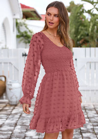BTFBM Spring Dresses for Women 2026 Long Sleeve Casual V Neck Swiss Dot Smocked Ruffle Chiffon Flowy Mini Summer Dress PRETTYGARDEN