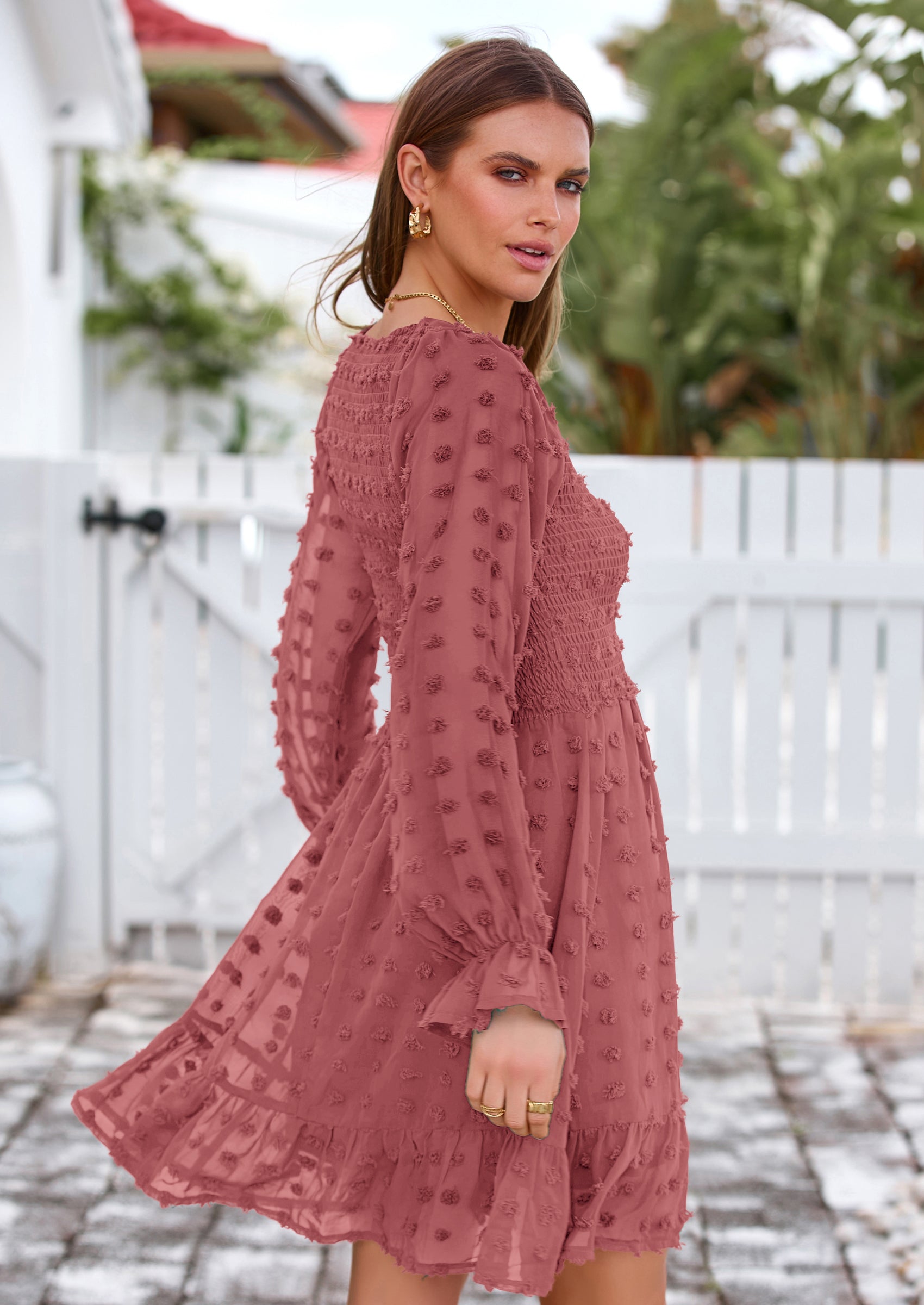 BTFBM Spring Dresses for Women 2026 Long Sleeve Casual V Neck Swiss Dot Smocked Ruffle Chiffon Flowy Mini Summer Dress PRETTYGARDEN