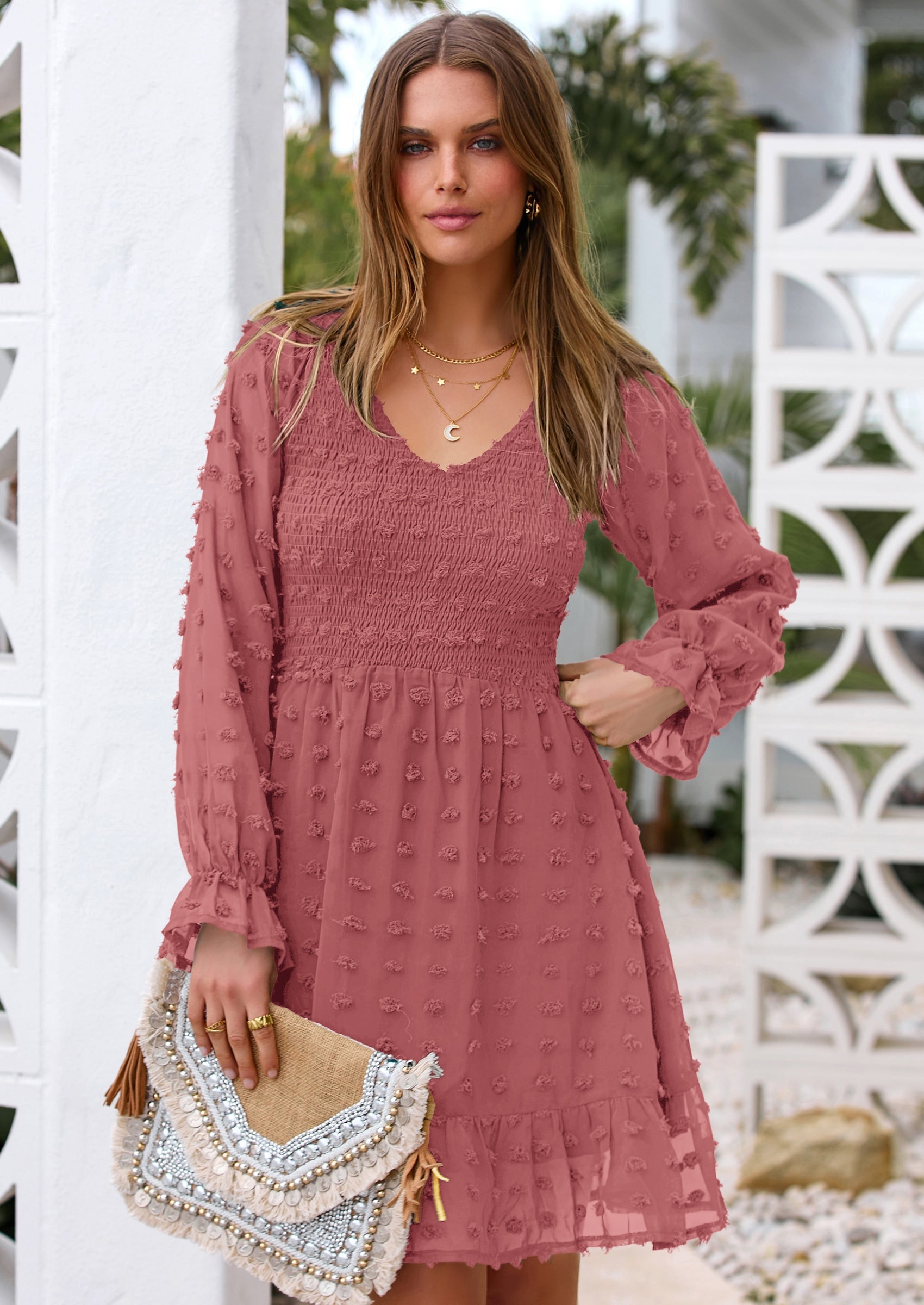 BTFBM Spring Dresses for Women 2026 Long Sleeve Casual V Neck Swiss Dot Smocked Ruffle Chiffon Flowy Mini Summer Dress PRETTYGARDEN