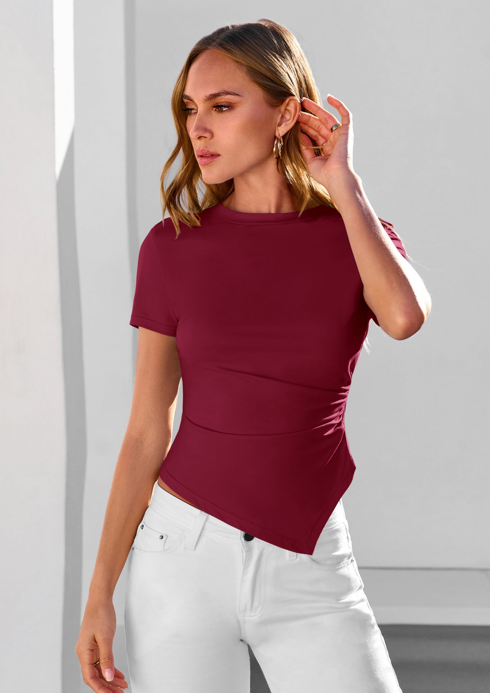 PRETTYGARDEN Womens Short Sleeve Crew Neck Trendy Shirts Spring Summer Y2K Going Out Tops Asymmetrical Ruched Blouse PRETTYGARDEN