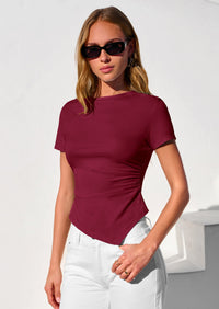 PRETTYGARDEN Womens Short Sleeve Crew Neck Trendy Shirts Spring Summer Y2K Going Out Tops Asymmetrical Ruched Blouse PRETTYGARDEN