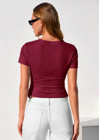 PRETTYGARDEN Womens Short Sleeve Crew Neck Trendy Shirts Spring Summer Y2K Going Out Tops Asymmetrical Ruched Blouse PRETTYGARDEN