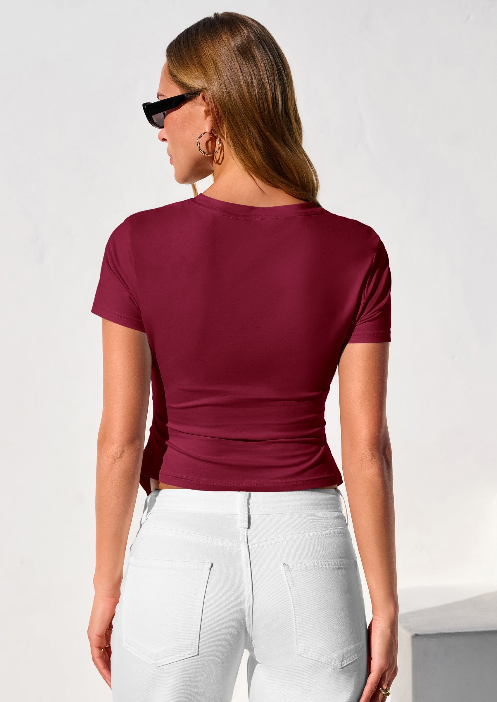 PRETTYGARDEN Womens Short Sleeve Crew Neck Trendy Shirts Spring Summer Y2K Going Out Tops Asymmetrical Ruched Blouse PRETTYGARDEN