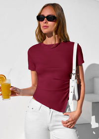 PRETTYGARDEN Womens Short Sleeve Crew Neck Trendy Shirts Spring Summer Y2K Going Out Tops Asymmetrical Ruched Blouse PRETTYGARDEN