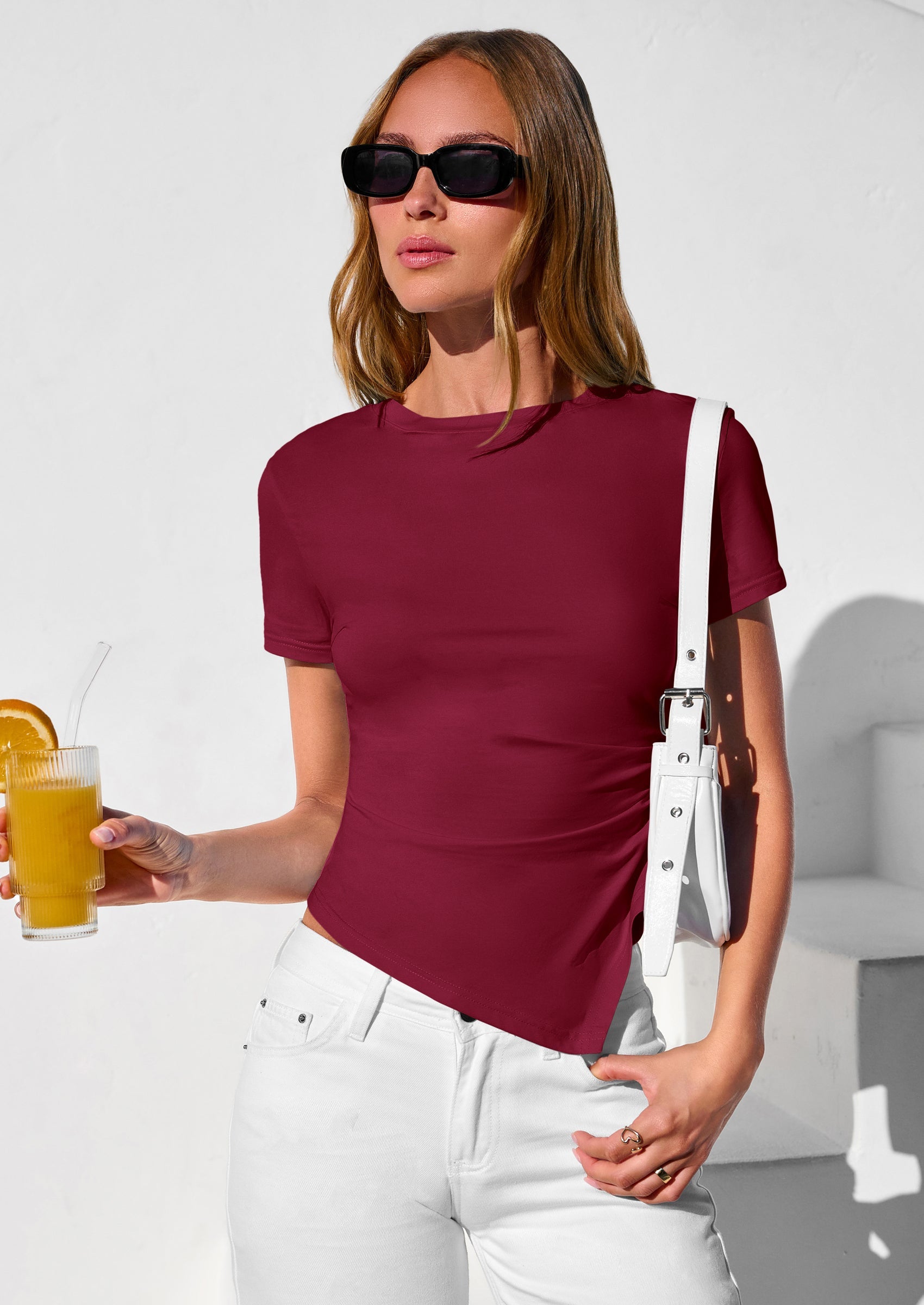 PRETTYGARDEN Womens Short Sleeve Crew Neck Trendy Shirts Spring Summer Y2K Going Out Tops Asymmetrical Ruched Blouse PRETTYGARDEN