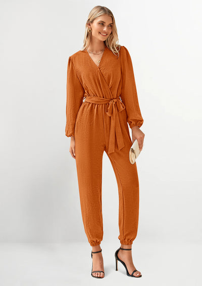 PRETTYGARDEN Women's Fall Jumpsuits Dressy Casual Pants Romper Spring Long Sleeve V Neck Belt Pockets One Piece Outfits