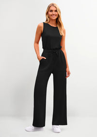 PRETTYGARDEN Womens Jumpsuits Summer Casual One Piece Outfits Sleeveless Wide Leg Long Pants Rompers