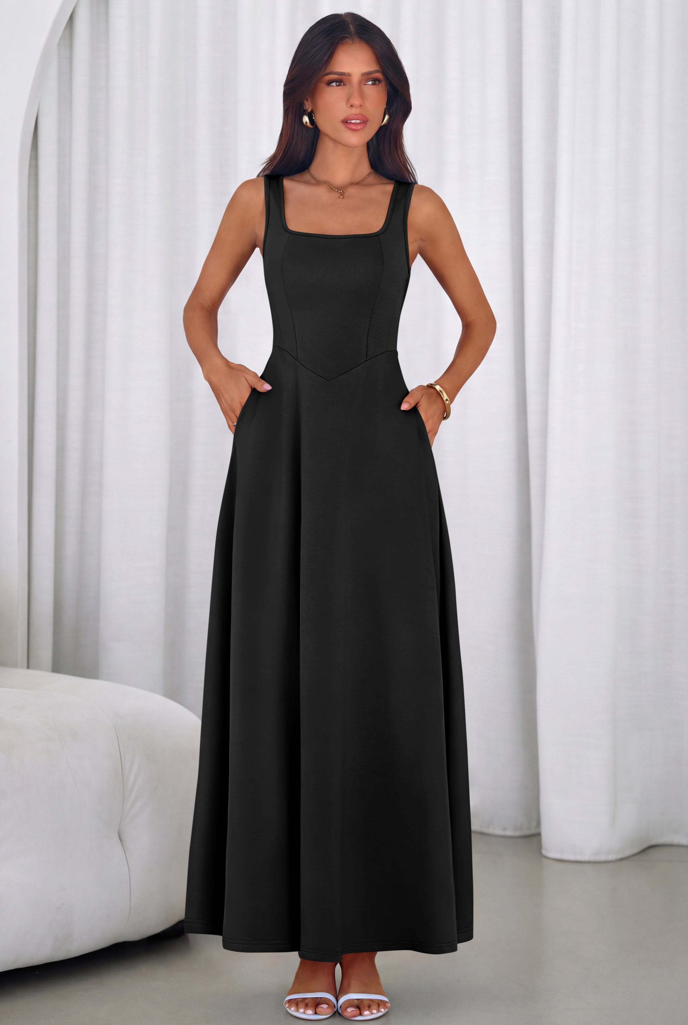 PRETTYGARDEN Womens Summer Dresses Sleeveless Elegant Square Neck Aline Swing Maxi Beach Wedding Guest Dress Pockets PRETTYGARDEN