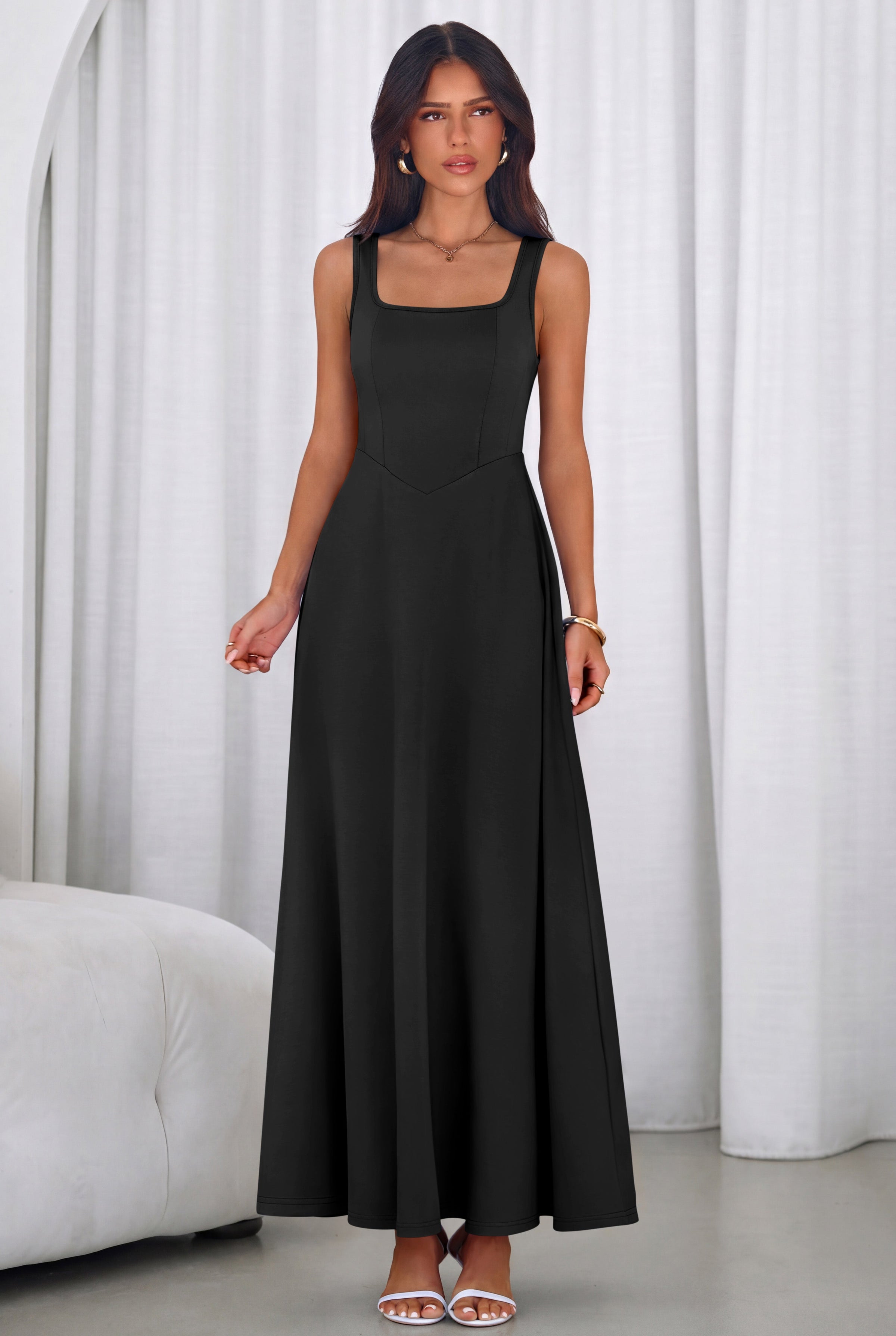 PRETTYGARDEN Womens Summer Dresses Sleeveless Elegant Square Neck Aline Swing Maxi Beach Wedding Guest Dress Pockets PRETTYGARDEN