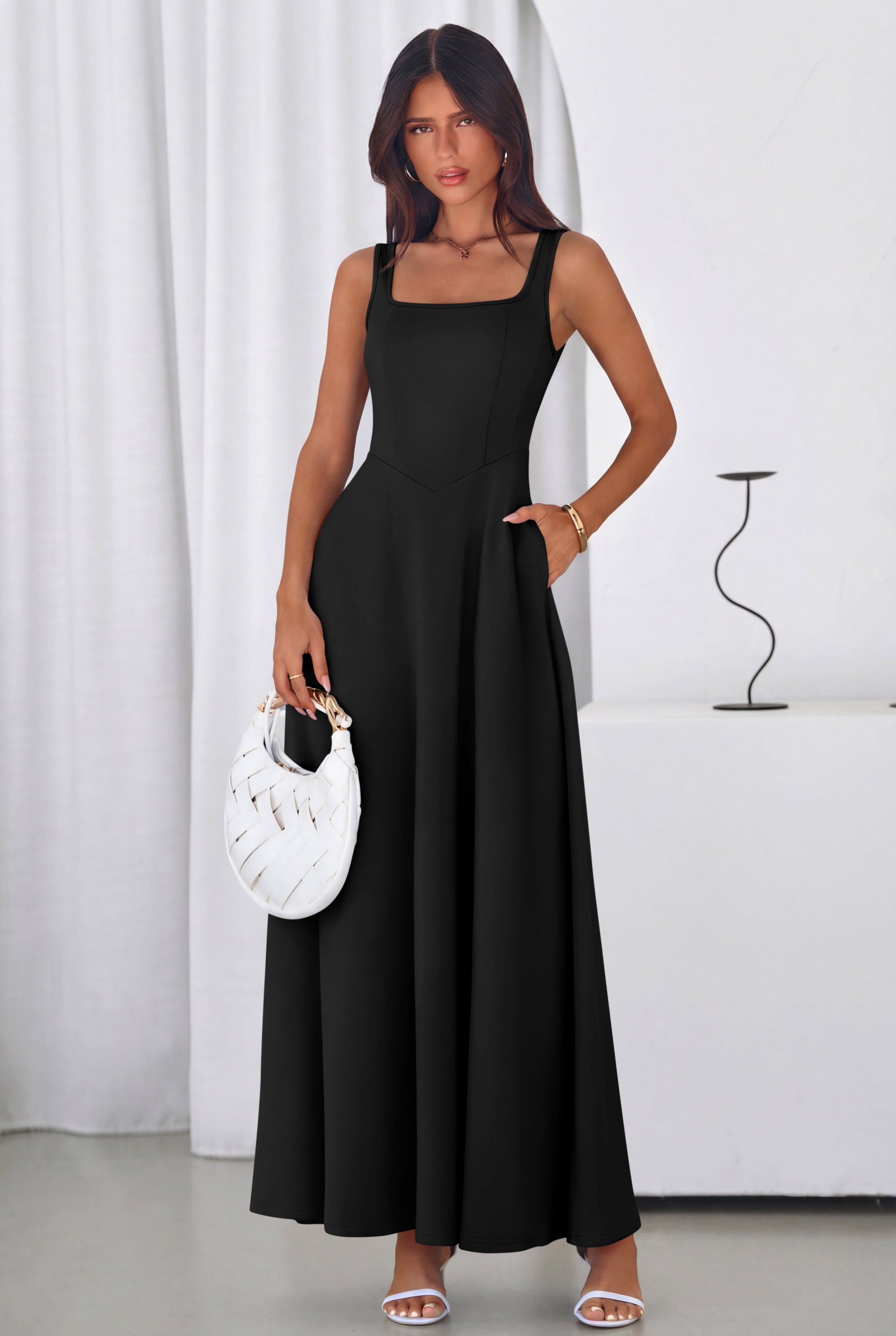 PRETTYGARDEN Womens Summer Dresses Sleeveless Elegant Square Neck Aline Swing Maxi Beach Wedding Guest Dress Pockets PRETTYGARDEN