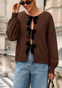 PRETTYGARDEN Cardigan Sweaters for Women Fall Bow Tie Front Long Sleeve Knit Sweater Tops Cute Going Out Outfits