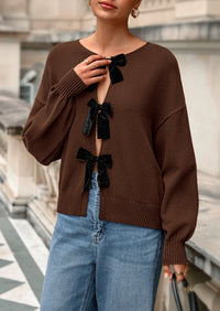 PRETTYGARDEN Cardigan Sweaters for Women Fall Bow Tie Front Long Sleeve Knit Sweater Tops Cute Going Out Outfits