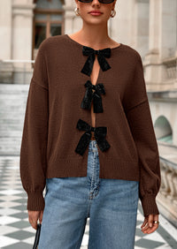 PRETTYGARDEN Cardigan Sweaters for Women Fall Bow Tie Front Long Sleeve Knit Sweater Tops Cute Going Out Outfits