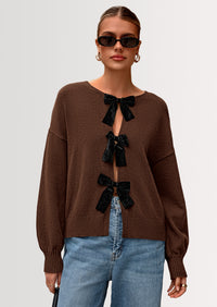 PRETTYGARDEN Cardigan Sweaters for Women Fall Bow Tie Front Long Sleeve Knit Sweater Tops Cute Going Out Outfits