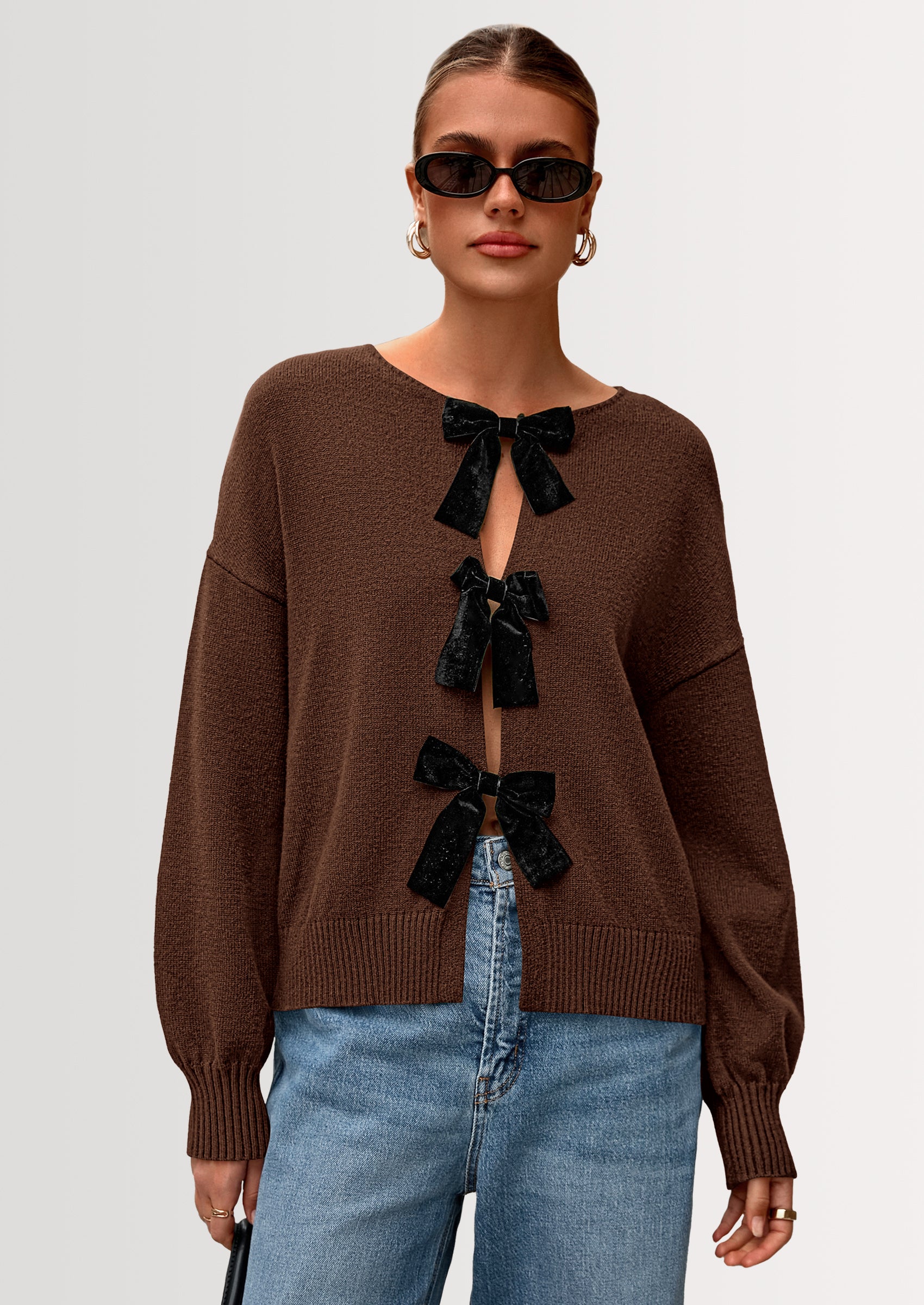 PRETTYGARDEN Cardigan Sweaters for Women Fall Bow Tie Front Long Sleeve Knit Sweater Tops Cute Going Out Outfits