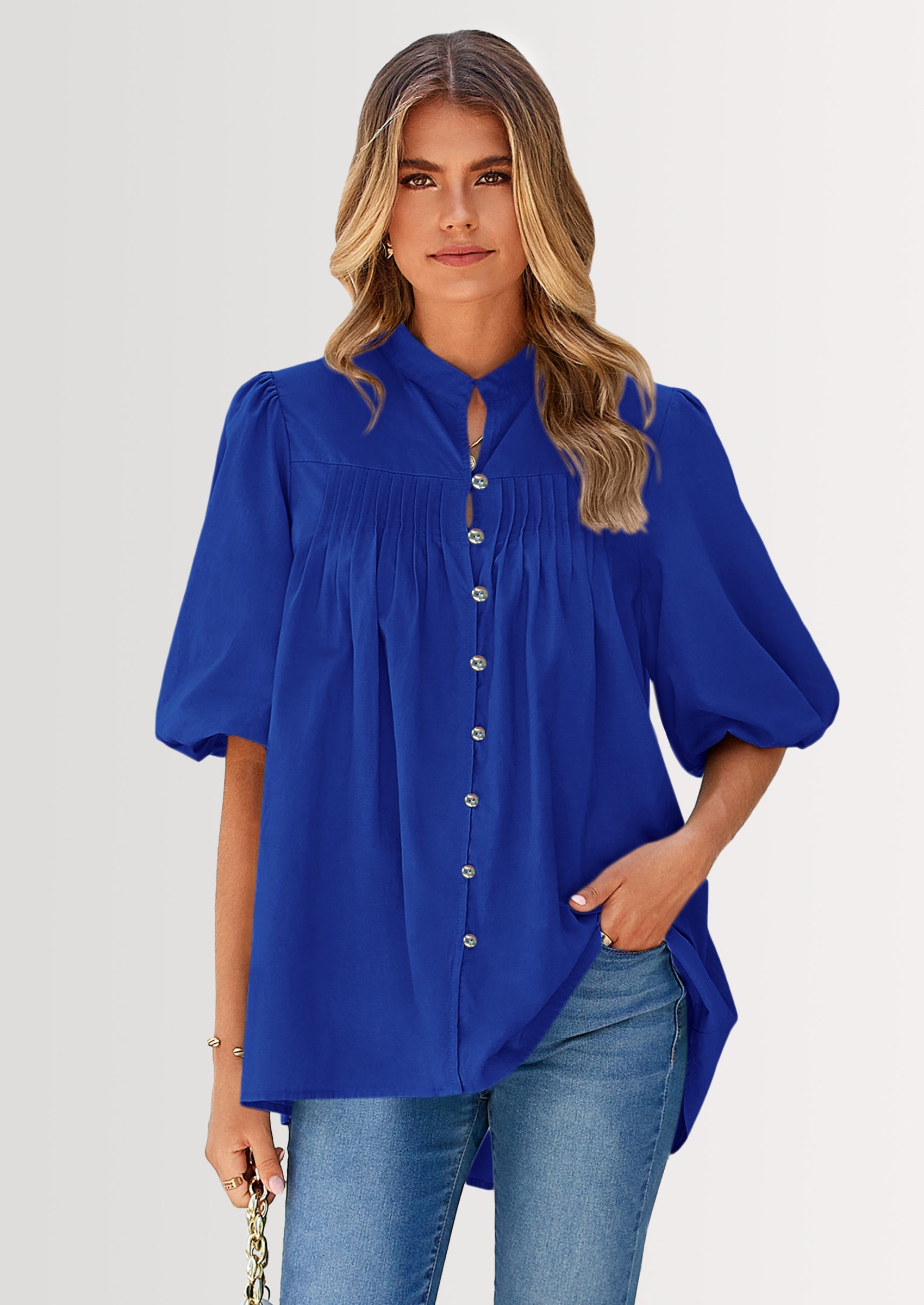 PRETTYGARDEN Women's Summer Short Lantern Sleeve Tops Loose Fit Button Down Shirt Casual Pleated V Neck Blouses