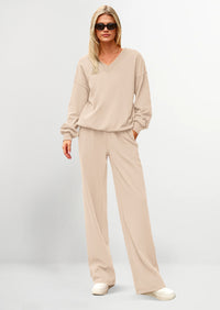 PRETTYGARDEN Casual Winter Two Piece Sets for Women V Neck Sweatshirt Loose Wide Leg Pants Tracksuit Knit Fall Outfits