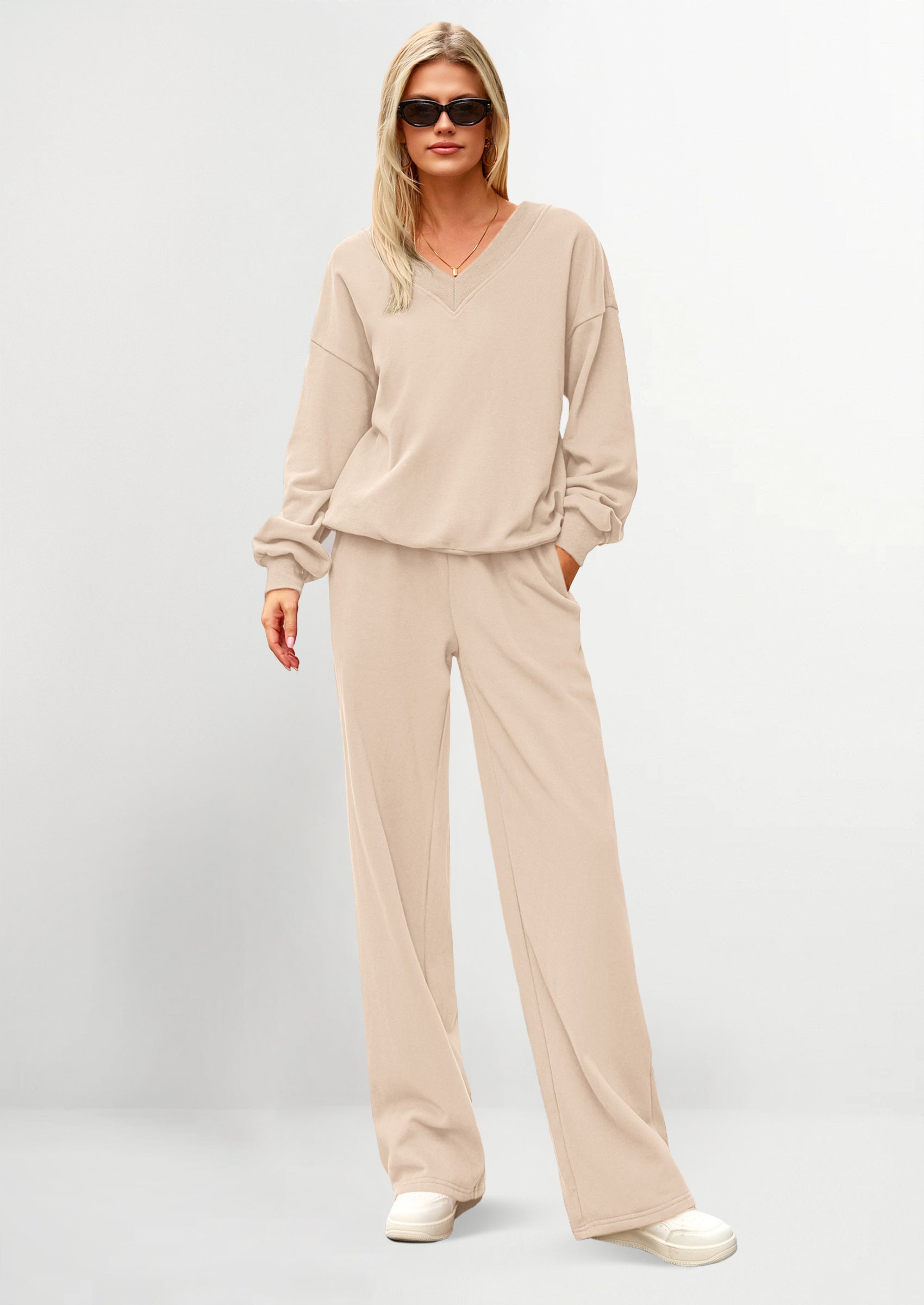 PRETTYGARDEN Casual Winter Two Piece Sets for Women V Neck Sweatshirt Loose Wide Leg Pants Tracksuit Knit Fall Outfits