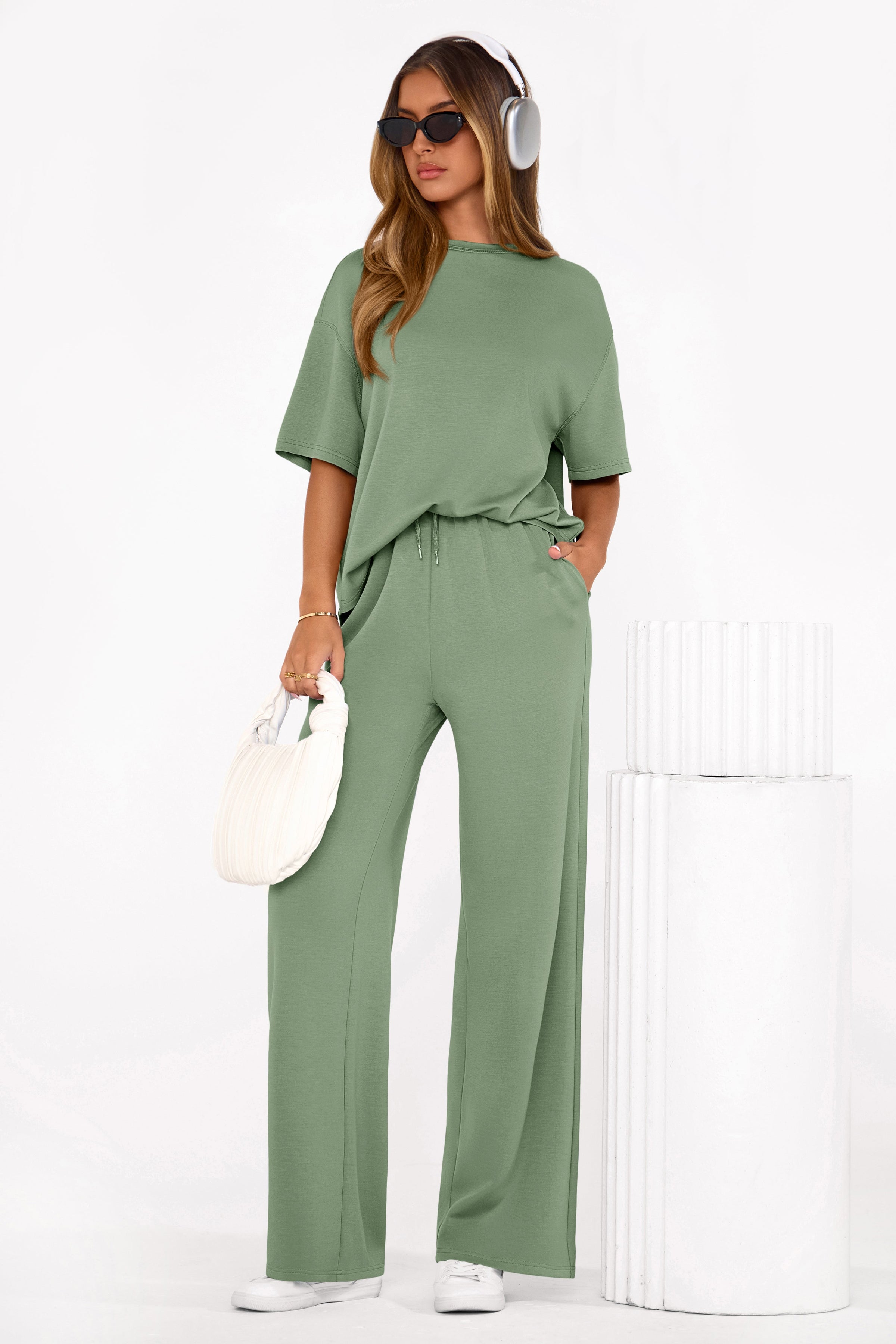 PRETTYGARDEN Women's Summer 2 Piece Lounge Set Short Sleeve Tops Wide Leg Pants Spring Vacation Travel Outfits Clothes PRETTYGARDEN