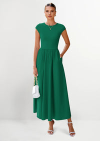 PRETTYGARDEN Women's Casual Long Dresses Cap Sleeve Patchwork A Line Flowy Modest Elegant Homecoming Maxi Dress