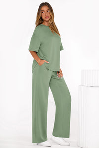 PRETTYGARDEN Women's Summer 2 Piece Lounge Set Short Sleeve Tops Wide Leg Pants Spring Vacation Travel Outfits Clothes PRETTYGARDEN