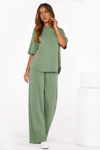 PRETTYGARDEN Women's Summer 2 Piece Lounge Set Short Sleeve Tops Wide Leg Pants Spring Vacation Travel Outfits Clothes PRETTYGARDEN