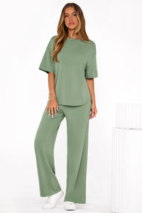 PRETTYGARDEN Women's Summer 2 Piece Lounge Set Short Sleeve Tops Wide Leg Pants Spring Vacation Travel Outfits Clothes PRETTYGARDEN