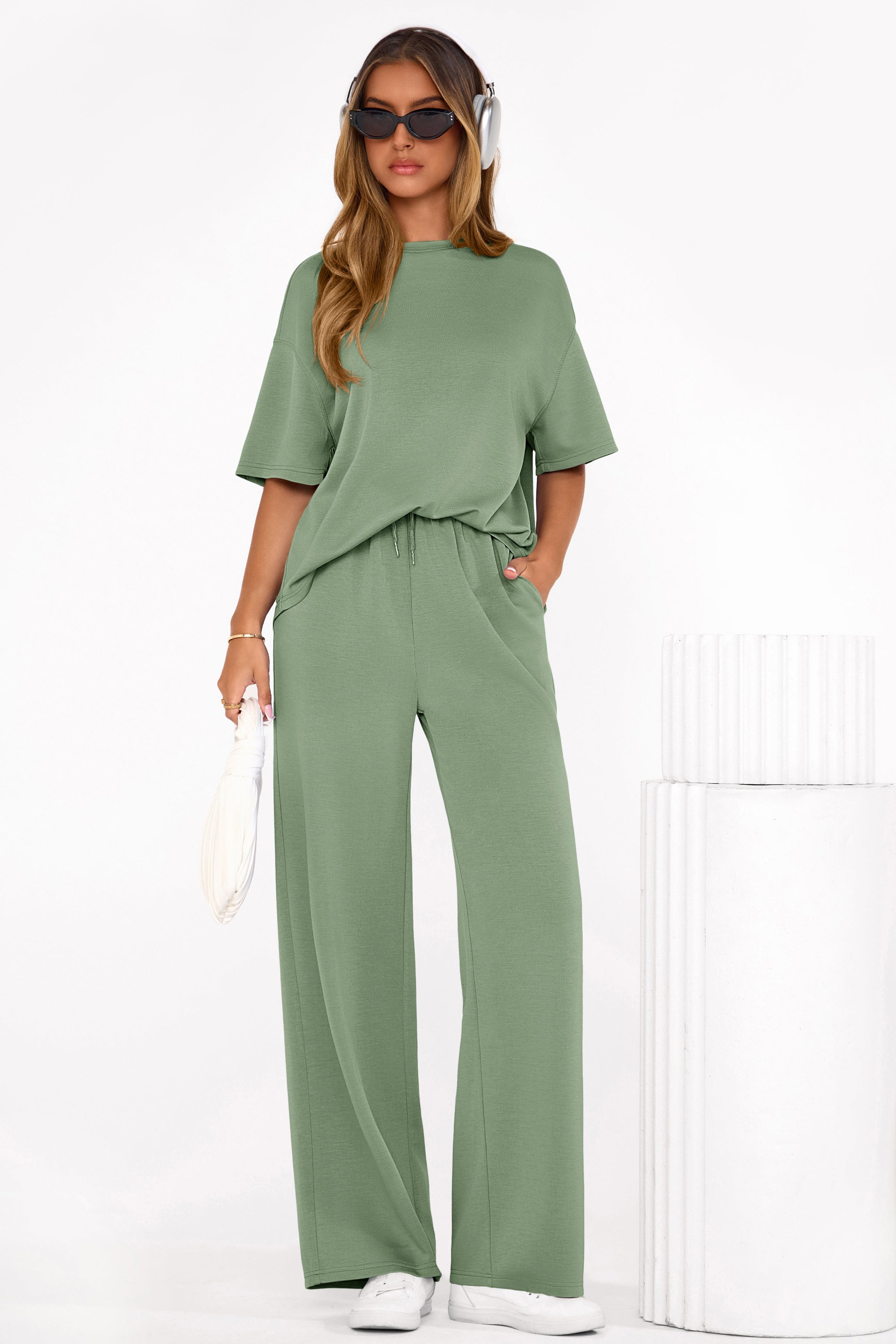 PRETTYGARDEN Women's Summer 2 Piece Lounge Set Short Sleeve Tops Wide Leg Pants Spring Vacation Travel Outfits Clothes PRETTYGARDEN