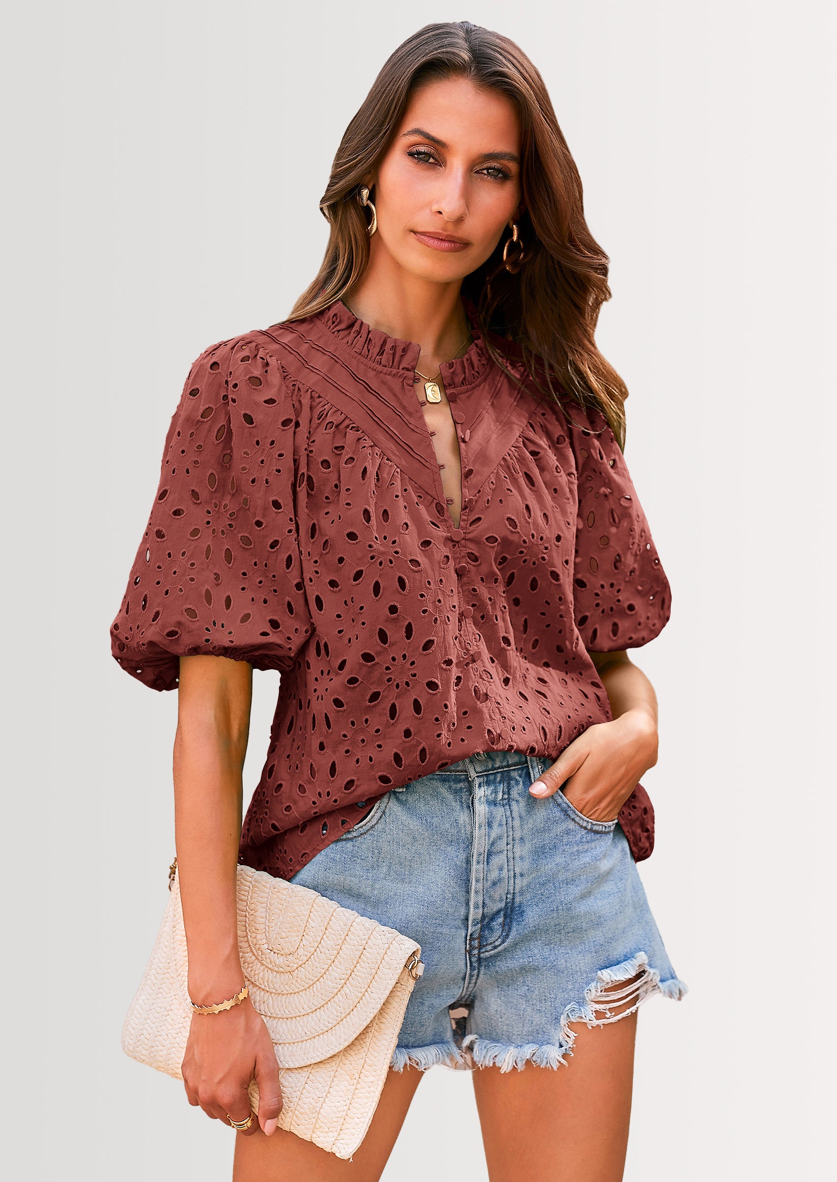 PRETTYGARDEN Women's Summer Short Sleeve Tops Dressy Casual Buttons V Neck Hollow Out Lace Embroidered Blouses Shirts