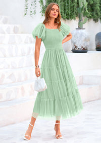PRETTYGARDEN Women's Smocked Tulle Midi Dress Square Neck Puffy Short Sleeve Ruffle Wedding Guest Party Dresses